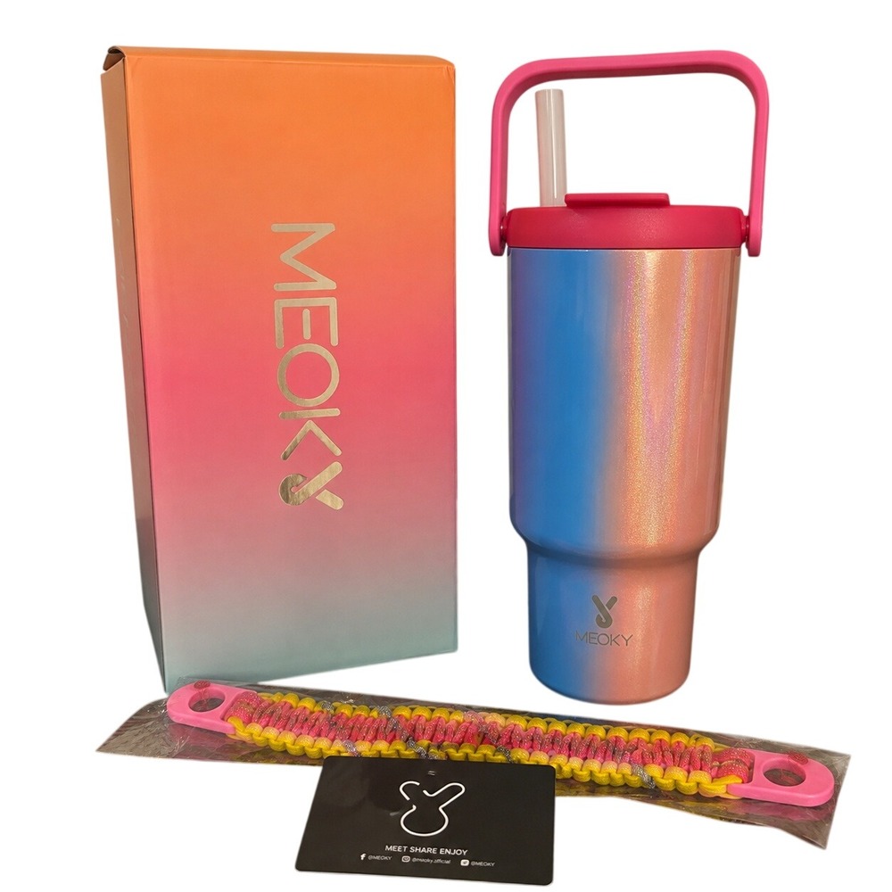 Meoky 32 oz Tumbler with Carry Handle Rainbow Glitter Stainless Steel Travel Mug